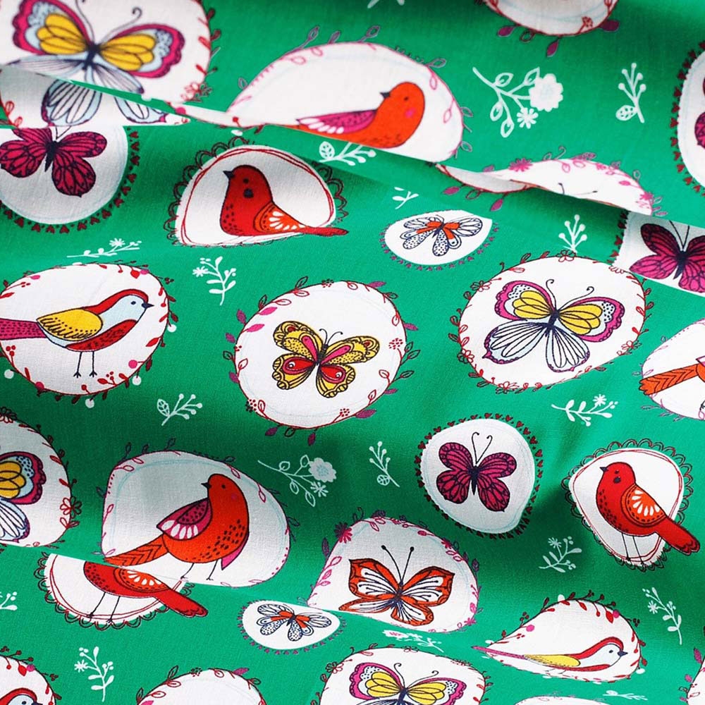 Birdy - Tecido de algodão com pássaros e borboletas – verde/turquesa